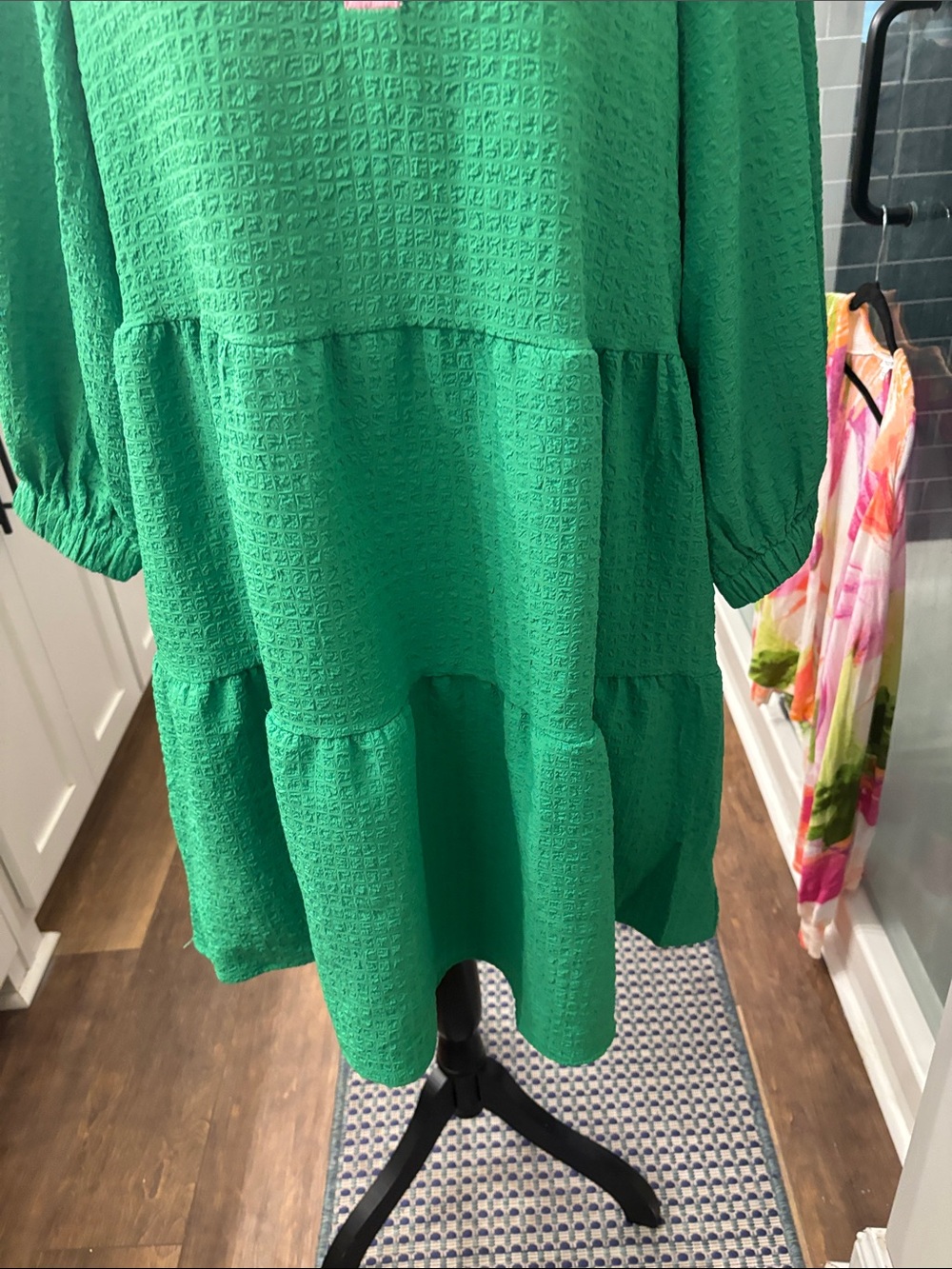 Green Tiered Midi Dress with Pink Trim - Picture 5 of 9